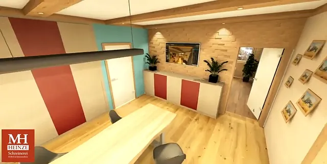 3D-Visualisierung eines modernen Besprechungsraums mit maßgefertigter Holzverkleidung, Schreinerei MH in Eschenlohe