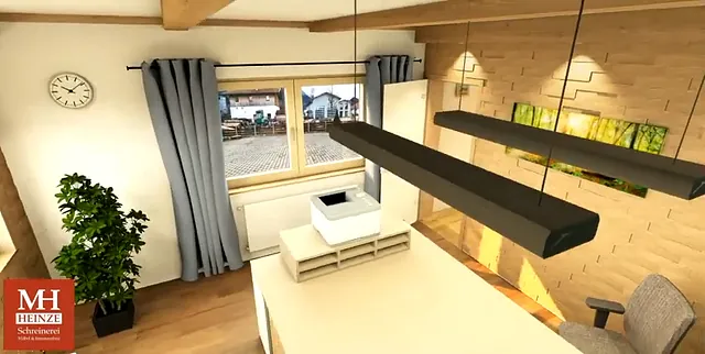 Fotorealistische 3D-Darstellung eines lichtdurchfluteten Büros mit Schreibtisch, Holzdecke und individuell geplanter Einrichtung