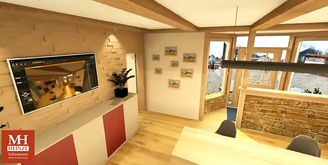 Virtuelle Raumplanung mit Sitzbereich, Holzbalken-Decke und großem Fensterbereich – erstellt von Schreinerei MH