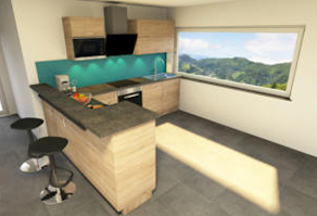 Fotorealistische 3D-Visualisierung einer Einbauküche mit Holzfronten und Kochinsel, geplant von der Schreinerei MH